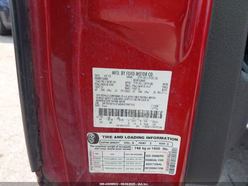 2013 Ford F-150 Xlt VIN: 1FTFW1CF2DKE59703 Lot: 43056922