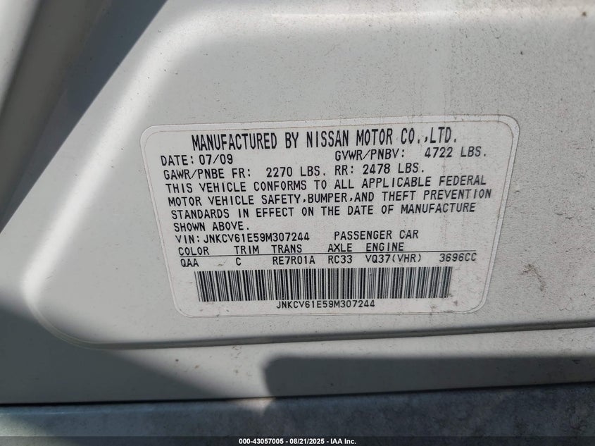 2009 Infiniti G37 Journey VIN: JNKCV61E59M307244 Lot: 43057005