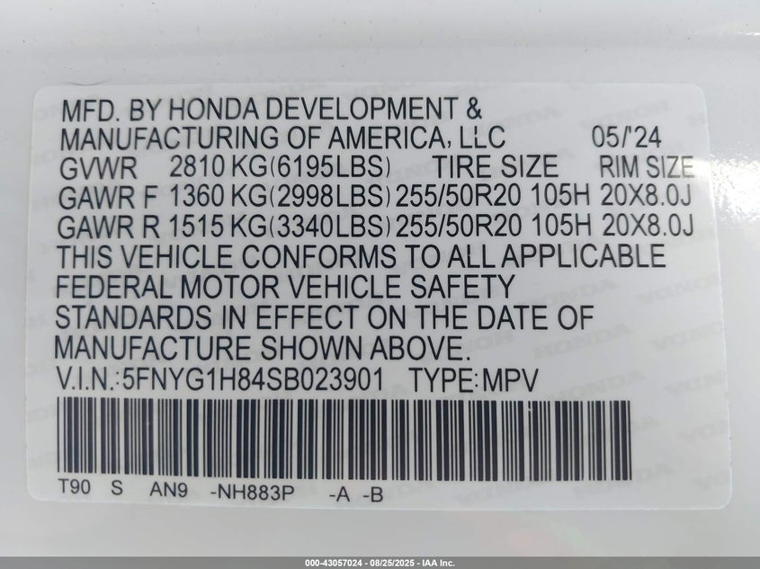 2025 Honda Pilot Elite VIN: 5FNYG1H84SB023901 Lot: 43057024
