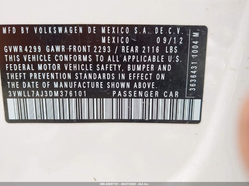 2013 Volkswagen Jetta 2.0L Tdi VIN: 3VWLL7AJ3DM376101 Lot: 43057101