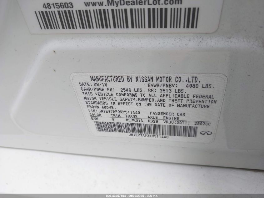 2019 Infiniti Q50 3.0T Luxe VIN: JN1EV7AP3KM511440 Lot: 43057104