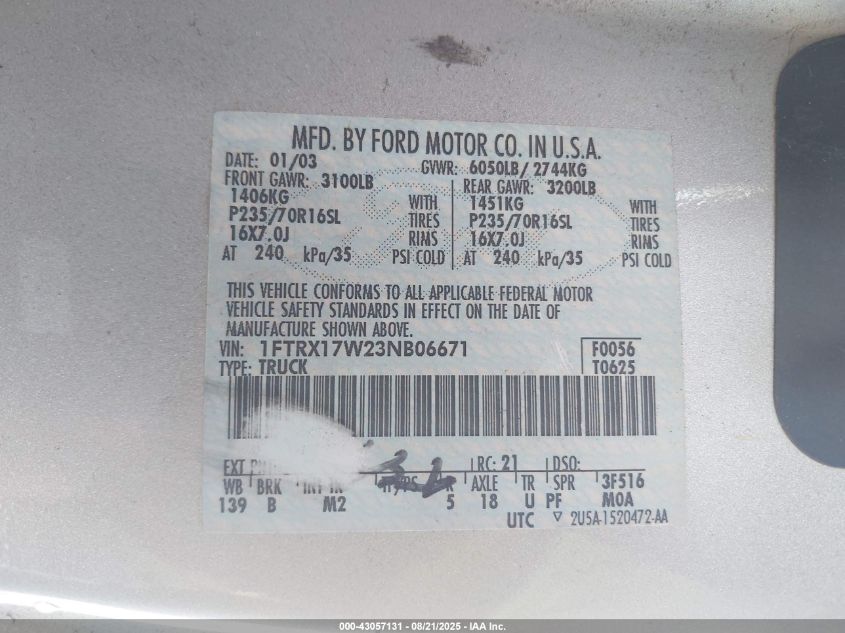 2003 Ford F-150 Lariat/Xl/Xlt VIN: 1FTRX17W23NB06671 Lot: 43057131
