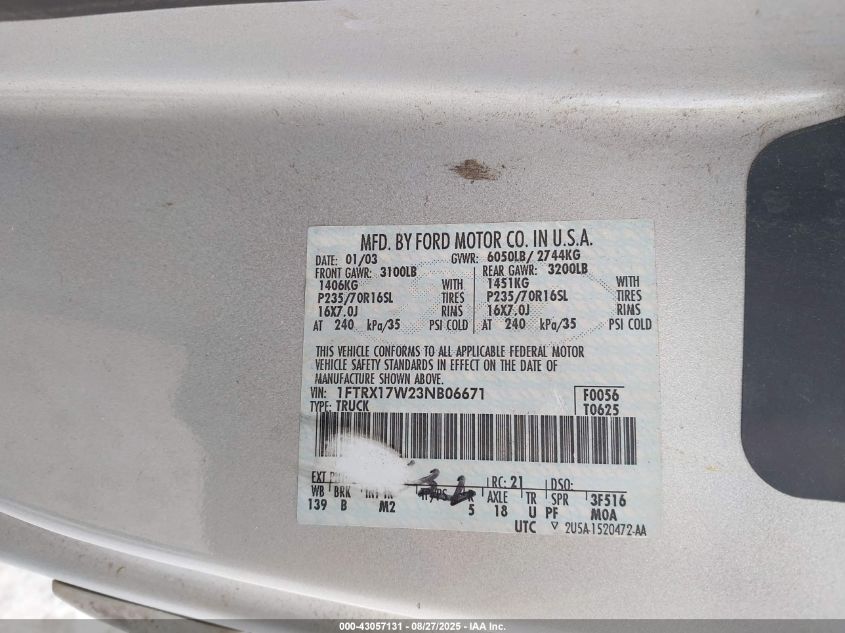 2003 Ford F-150 Lariat/Xl/Xlt VIN: 1FTRX17W23NB06671 Lot: 43057131