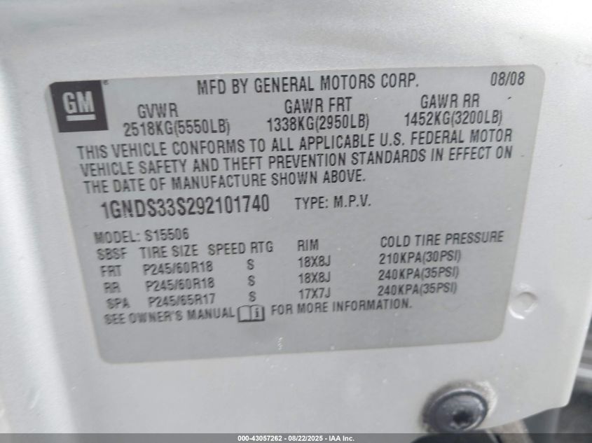 2009 Chevrolet Trailblazer Lt VIN: 1GNDS33S292101740 Lot: 43057262