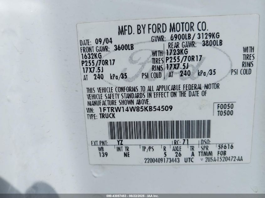2005 Ford F-150 Xlt VIN: 1FTRW14W85KB54509 Lot: 43057453