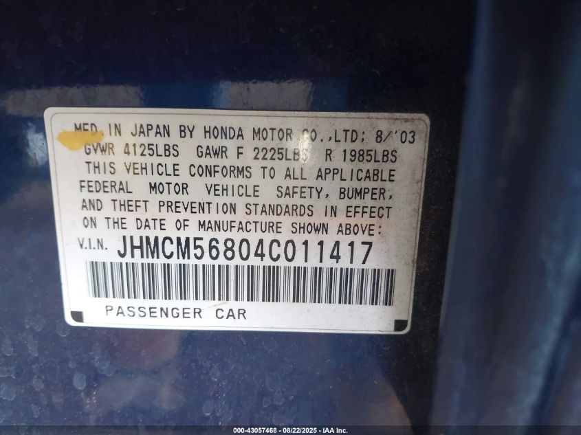 2004 Honda Accord 2.4 Ex VIN: JHMCM56804C011417 Lot: 43057468