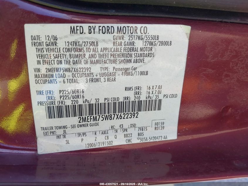 2007 Mercury Grand Marquis Ls VIN: 2MEFM75W87X622392 Lot: 43057521