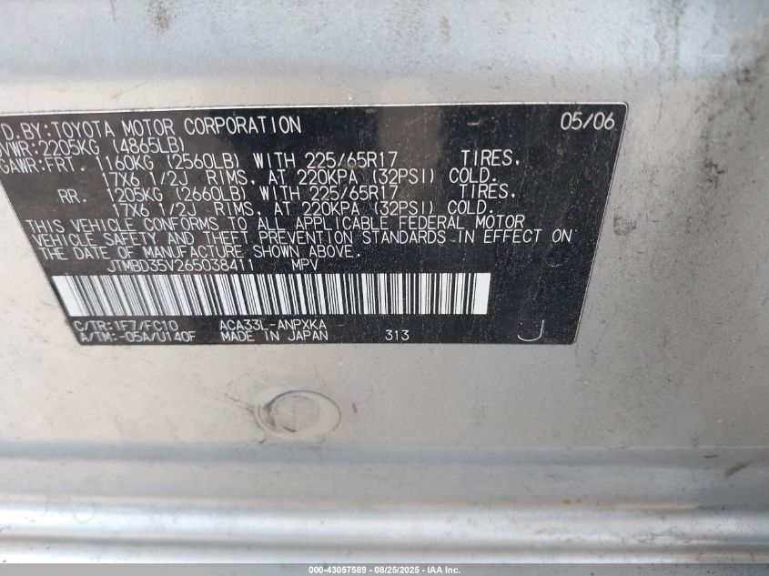 2006 Toyota Rav4 VIN: JTMBD35V265038411 Lot: 43057589