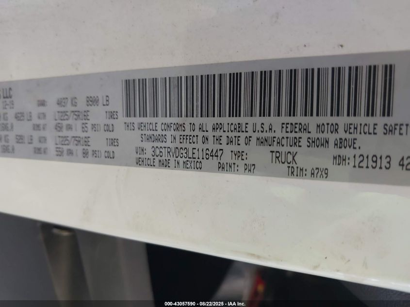 2020 Ram Promaster 2500 High Roof 159 Wb VIN: 3C6TRVDG3LE116447 Lot: 43057590