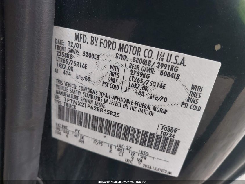 2002 Ford F-250 Lariat/Xl/Xlt VIN: 1FTNX21F62EB45825 Lot: 43057628