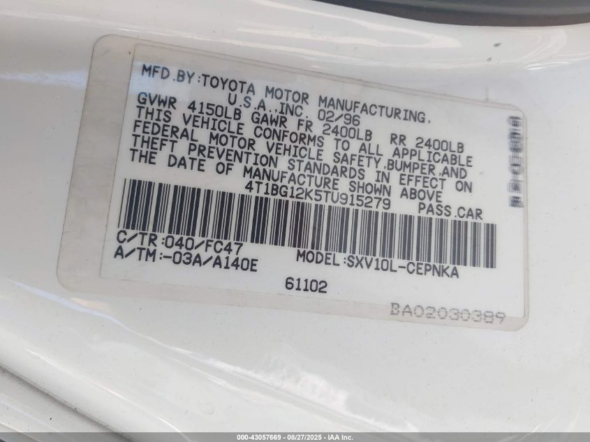 1996 Toyota Camry Dx/Le/Xle VIN: 4T1BG12K5TU915279 Lot: 43057669