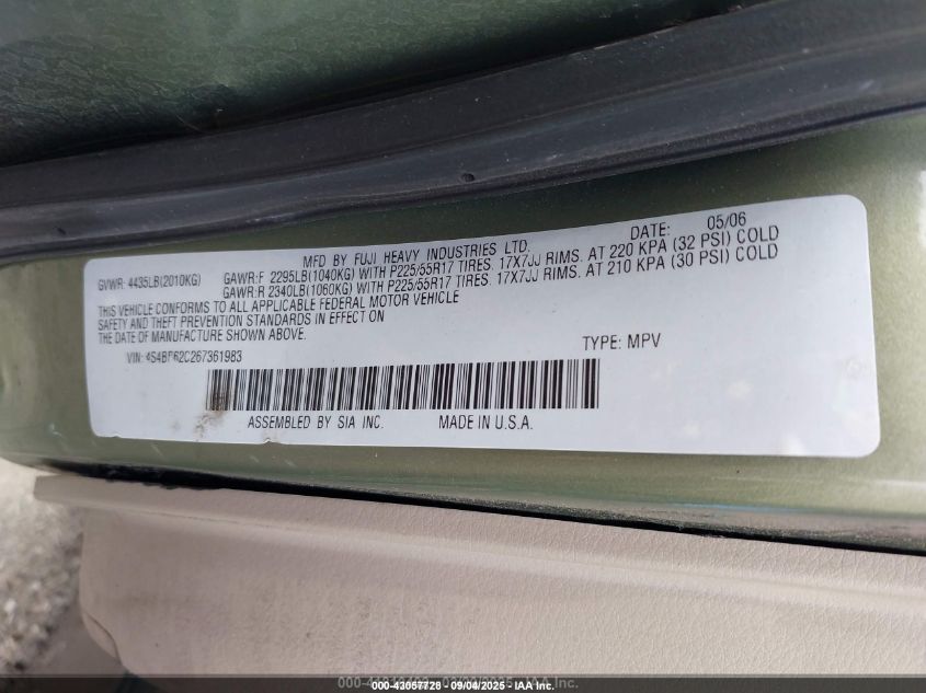 2006 Subaru Outback 2.5I Limited VIN: 4S4BP62C267361983 Lot: 43057728
