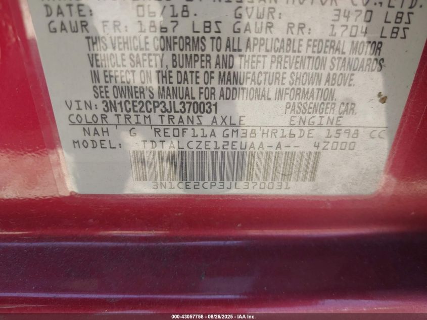 2018 Nissan Versa Note S VIN: 3N1CE2CP3JL370031 Lot: 43057758