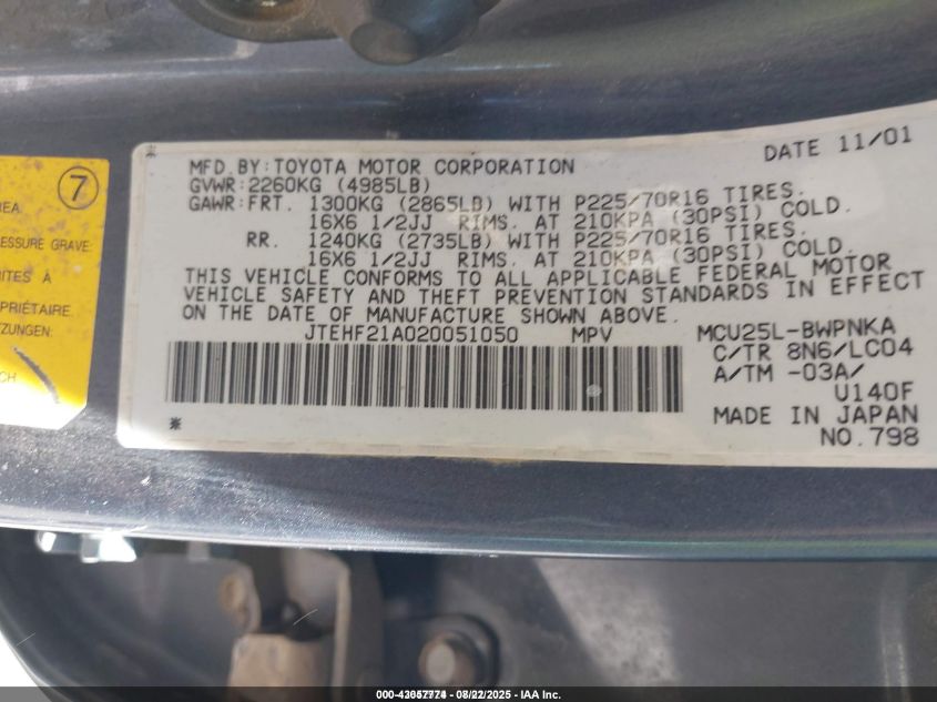 2002 Toyota Highlander Limited V6 VIN: JTEHF21A020051050 Lot: 43057774