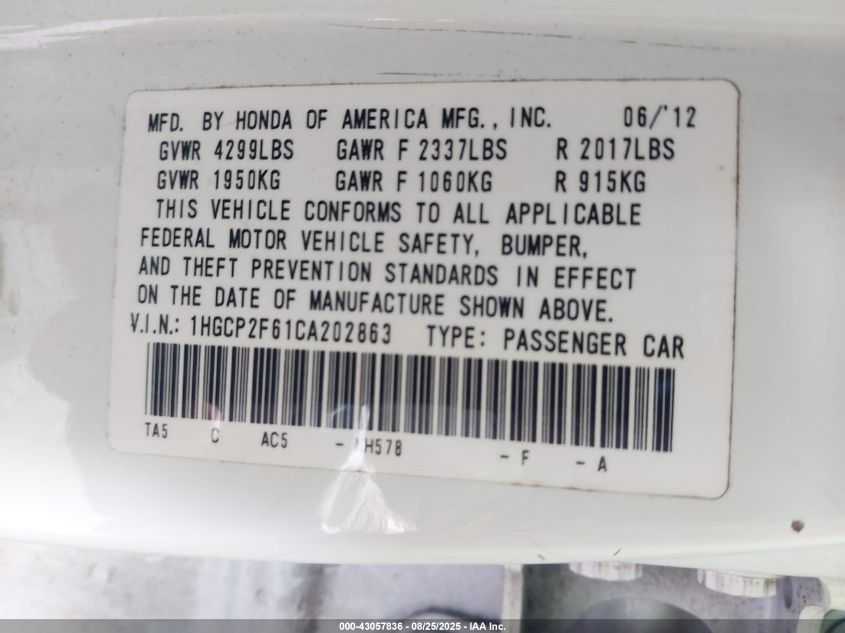 2012 Honda Accord 2.4 Se VIN: 1HGCP2F61CA202863 Lot: 43057836