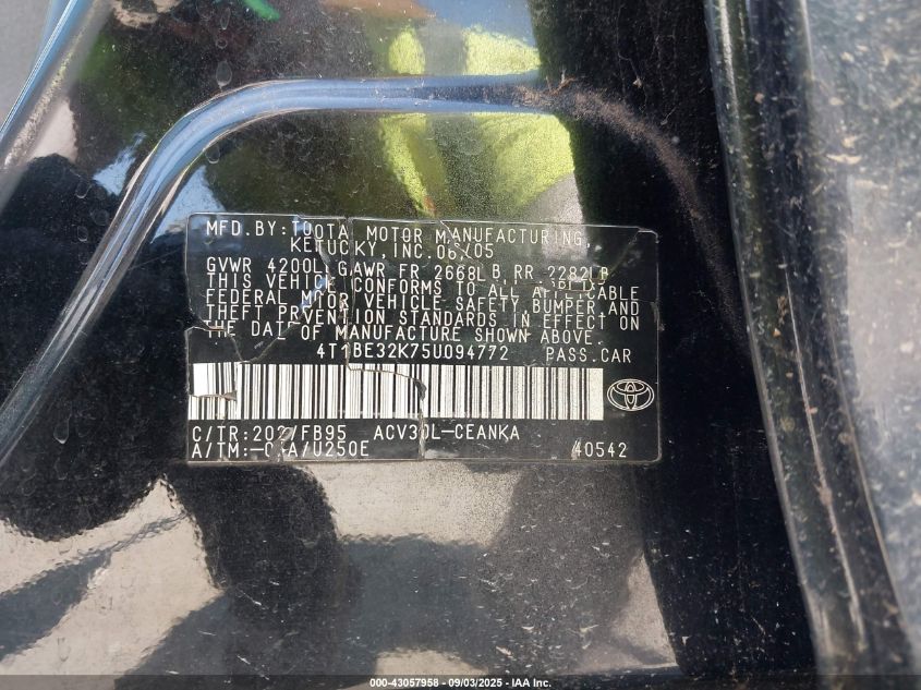2005 Toyota Camry Std VIN: 4T1BE32K75U094772 Lot: 43057958