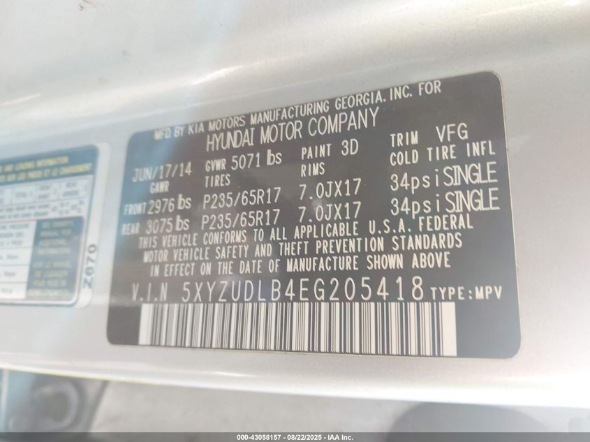 2014 Hyundai Santa Fe Sport 2.4L VIN: 5XYZUDLB4EG205418 Lot: 43058157