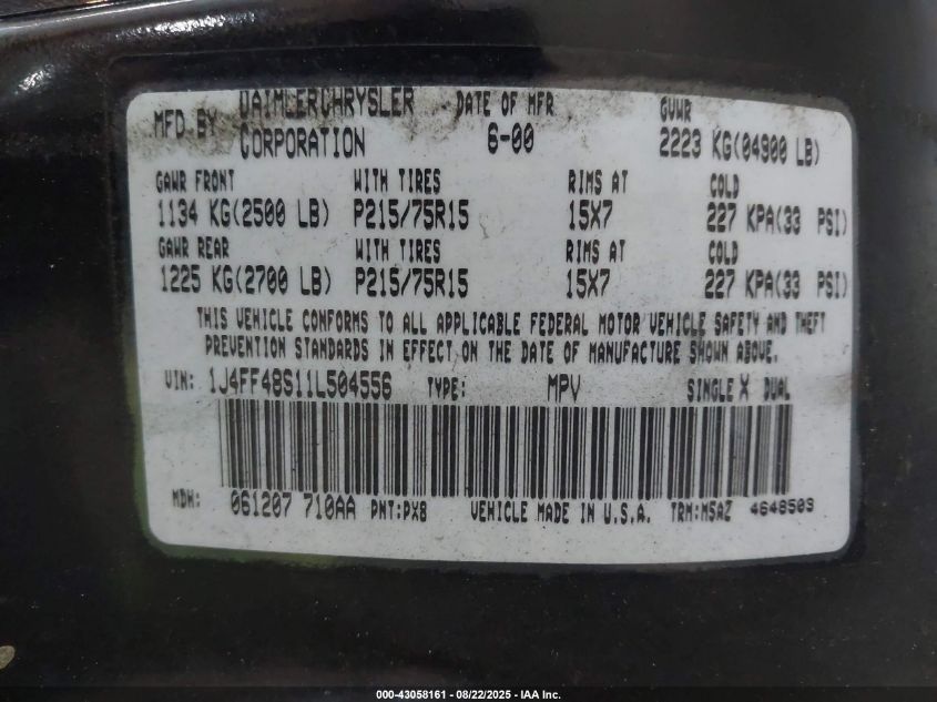 2001 Jeep Cherokee Sport VIN: 1J4FF48S11L504556 Lot: 43058161