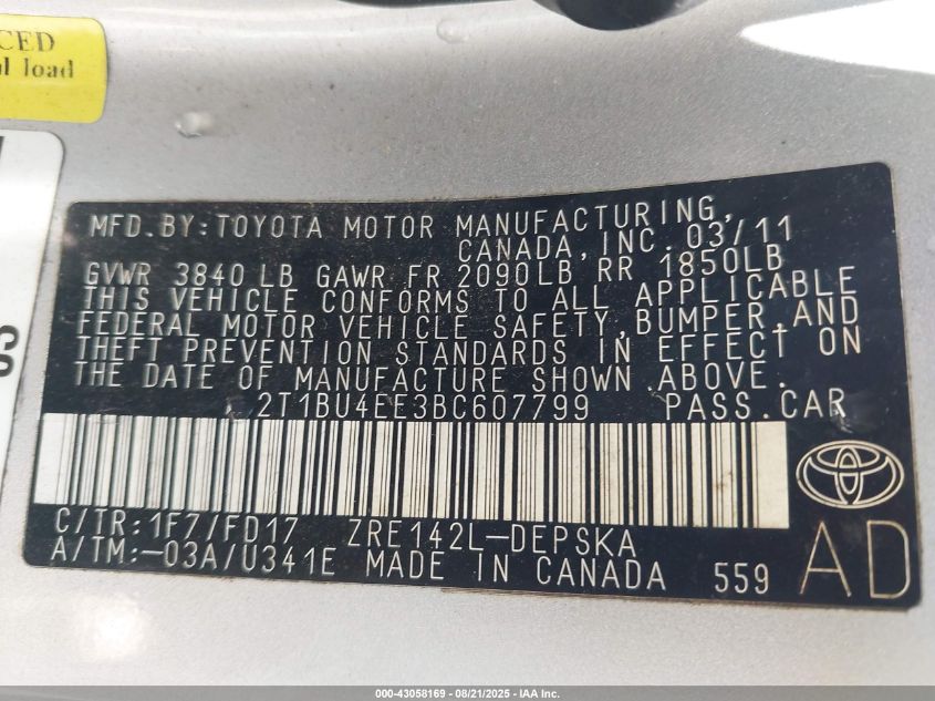 2011 Toyota Corolla S VIN: 2T1BU4EE3BC607799 Lot: 43058169