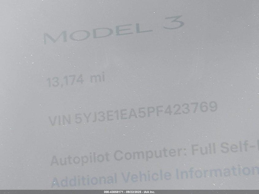 2023 Tesla Model 3 Rear-Wheel Drive VIN: 5YJ3E1EA5PF423769 Lot: 43058171