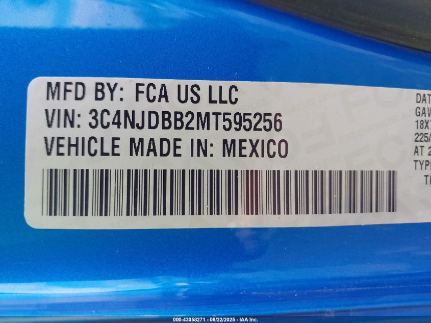 2021 Jeep Compass Altitude 4X4 VIN: 3C4NJDBB2MT595256 Lot: 43058271