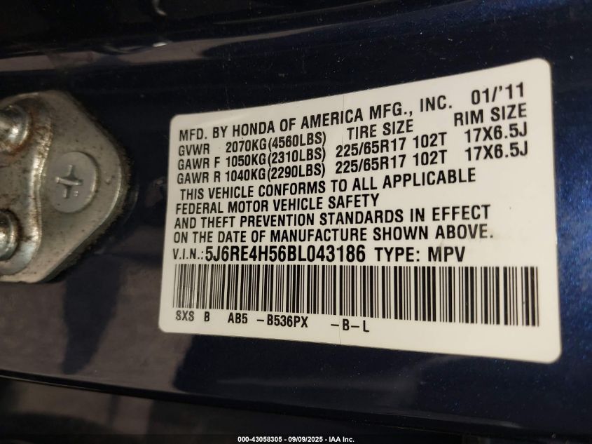 2011 Honda Cr-V Ex VIN: 5J6RE4H56BL043186 Lot: 43058305