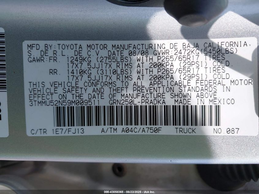 2009 Toyota Tacoma Base V6 VIN: 3TMMU52N59M009511 Lot: 43058365