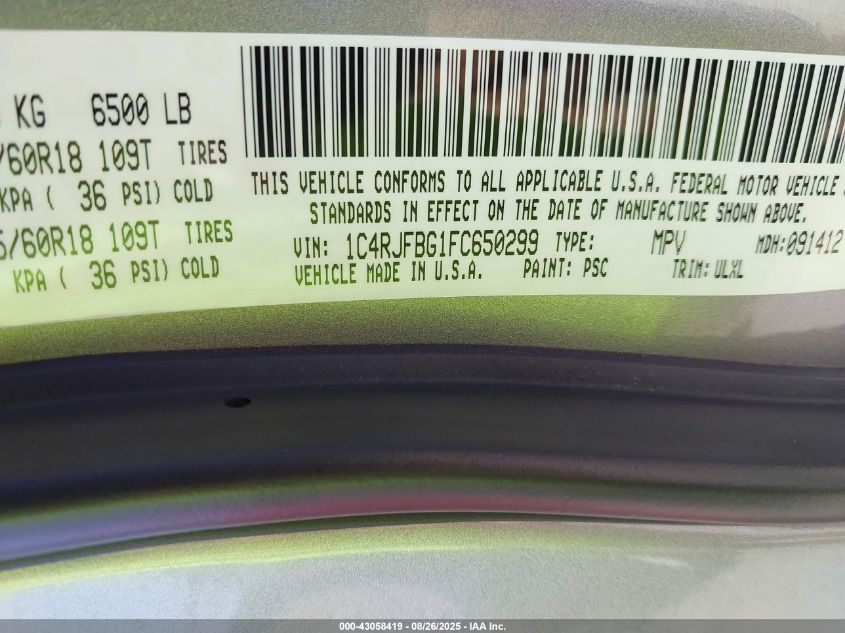 2015 Jeep Grand Cherokee Limited VIN: 1C4RJFBG1FC650299 Lot: 43058419