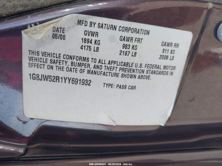 2000 Saturn Ls2 VIN: 1G8JW32R1YY691932 Lot: 43058423