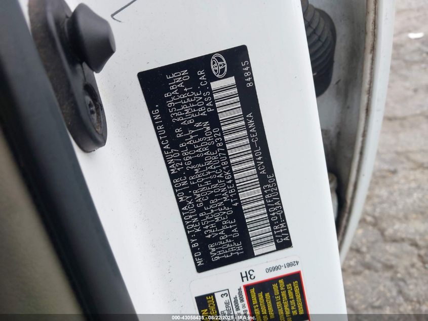 2008 Toyota Camry Le VIN: 4T1BE46K18U778320 Lot: 43058435