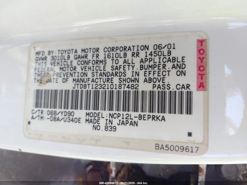 2001 Toyota Echo VIN: JTDBT123210187482 Lot: 43058473