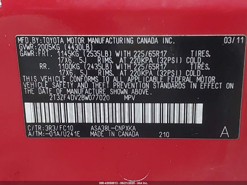 2011 Toyota Rav4 VIN: 2T3ZF4DV2BW077020 Lot: 43058513