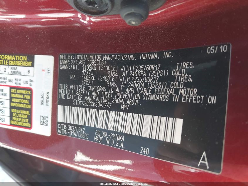 2011 Toyota Sienna Xle V6 VIN: 5TDYK3DCXBS043747 Lot: 43058654