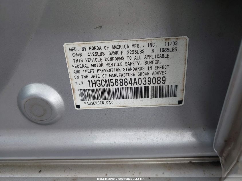 2004 Honda Accord 2.4 Ex VIN: 1HGCM56884A039089 Lot: 43058733