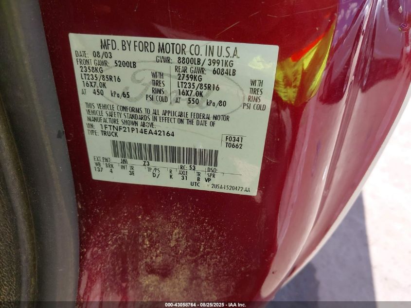 2004 Ford F-250 Xl/Xlt VIN: 1FTNF21P14EA42164 Lot: 43058764