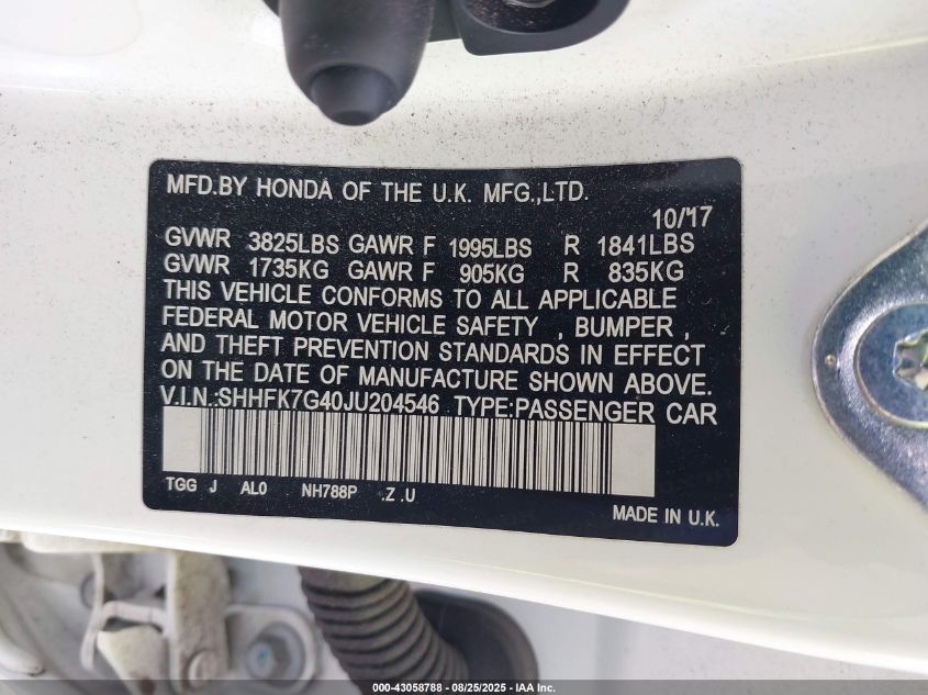 2018 Honda Civic Sport VIN: SHHFK7G40JU204546 Lot: 43058788