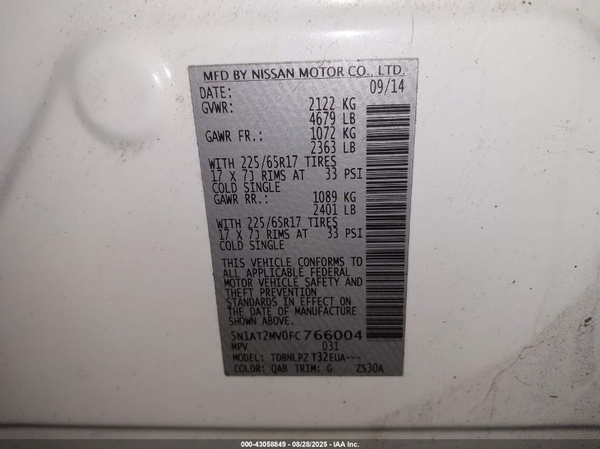 2015 Nissan Rogue S VIN: 5N1AT2MV0FC766004 Lot: 43058849