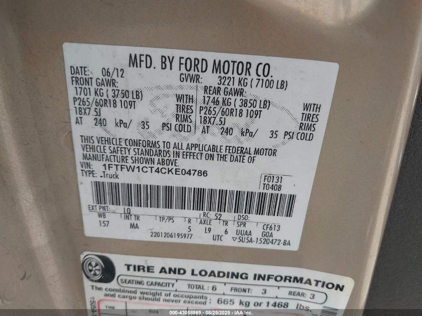 2012 Ford F-150 Xlt VIN: 1FTFW1CT4CKE04786 Lot: 43058869