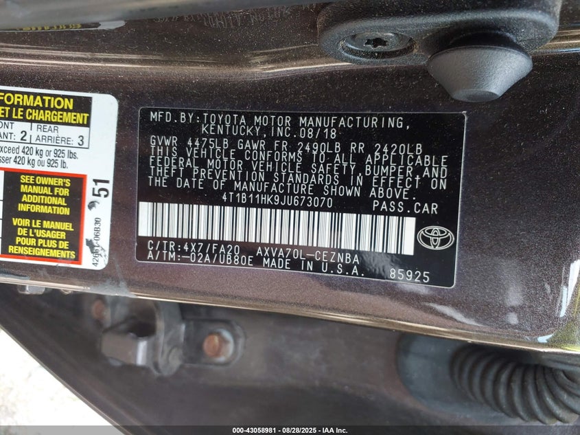 2018 TOYOTA CAMRY LE - 4T1B11HK9JU673070