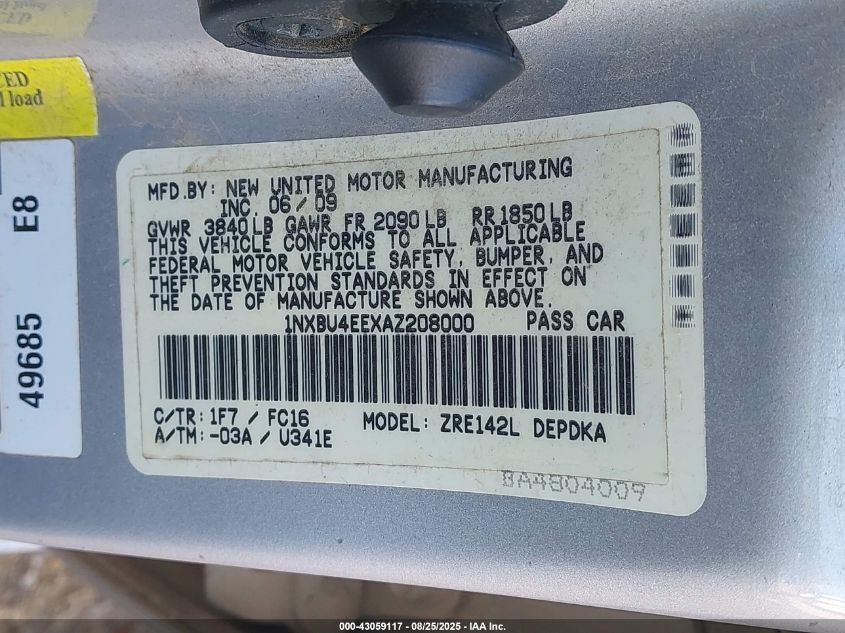 2010 Toyota Corolla Le VIN: 1NXBU4EEXAZ208000 Lot: 43059117