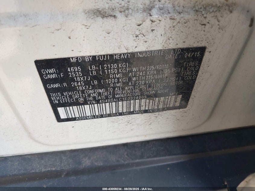 2015 SUBARU OUTBACK 2.5I LIMITED - 4S4BSALC1F3324009