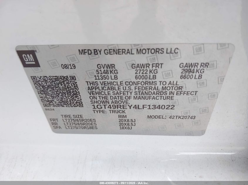 2020 GMC Sierra 2500Hd 4Wd Standard Bed Denali VIN: 1GT49REY4LF134022 Lot: 43059273
