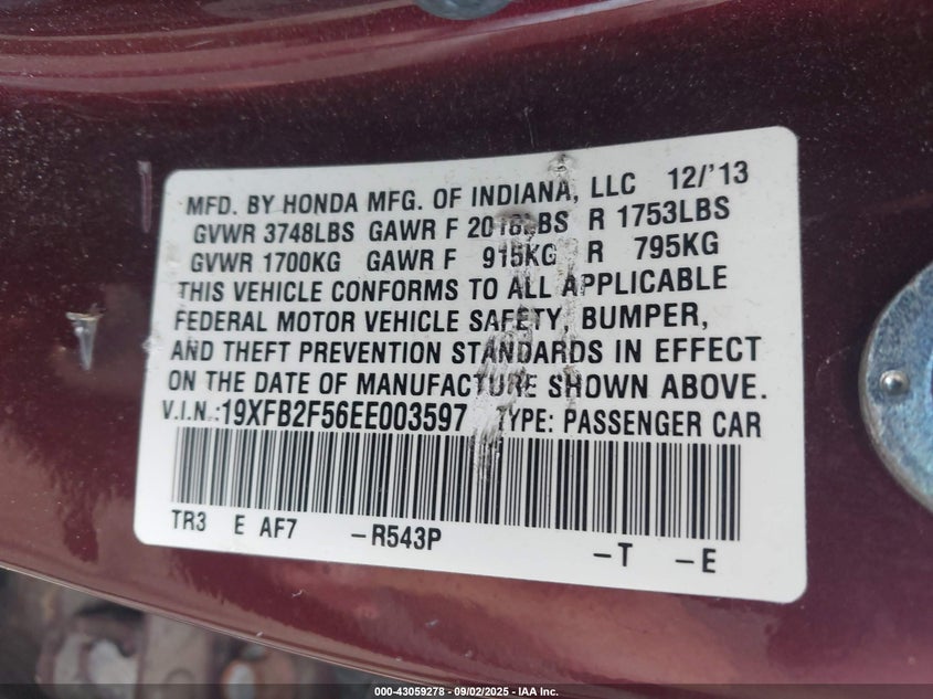 2014 Honda Civic Lx VIN: 19XFB2F56EE003597 Lot: 43059278