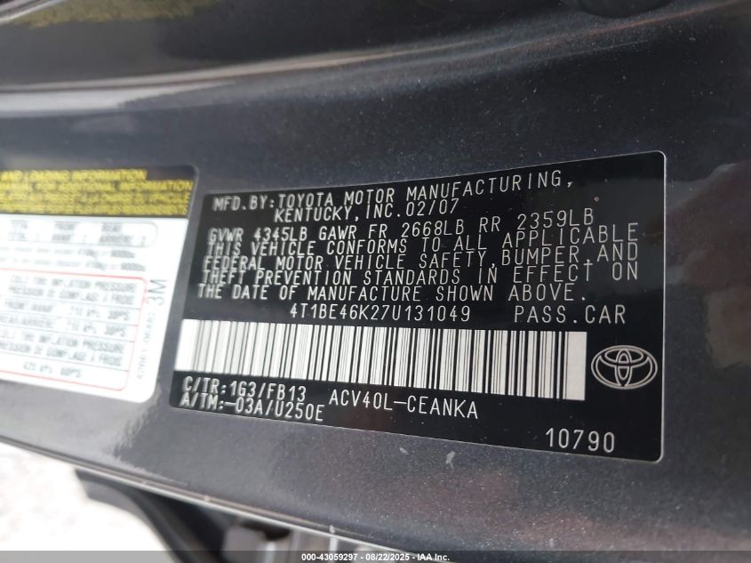 2007 Toyota Camry Le VIN: 4T1BE46K27U131049 Lot: 43059297