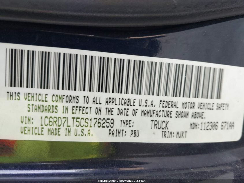 2012 Ram 1500 Slt VIN: 1C6RD7LT5CS176259 Lot: 43059383