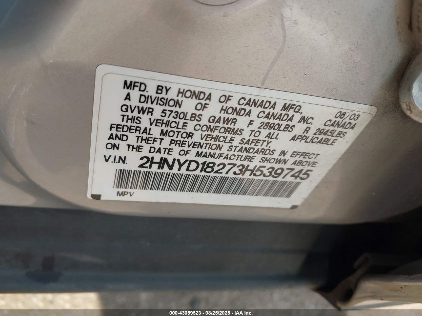 2003 Acura Mdx VIN: 2HNYD18273H539745 Lot: 43059523