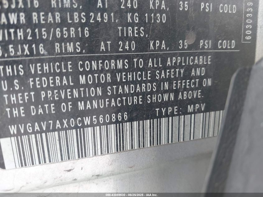 2012 Volkswagen Tiguan Le VIN: WVGAV7AX0CW560866 Lot: 43059530