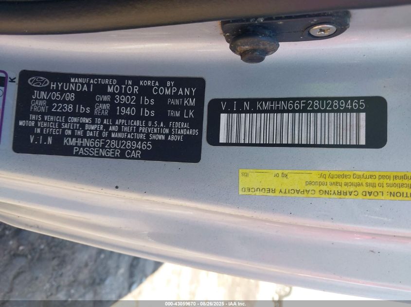 2008 Hyundai Tiburon Gt/Gt Limited/Se VIN: KMHHN66F28U289465 Lot: 43059670