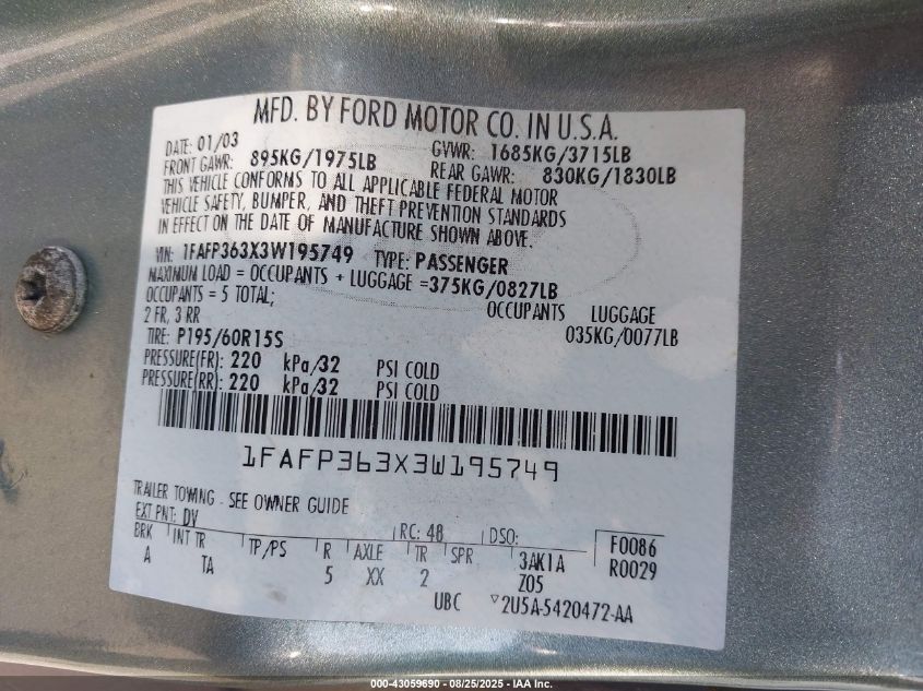 2003 Ford Focus Se/Ztw VIN: 1FAFP363X3W195749 Lot: 43059690