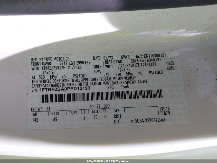 2023 Ford F-250 Xl VIN: 1FTRF2BA0PED12193 Lot: 43059696